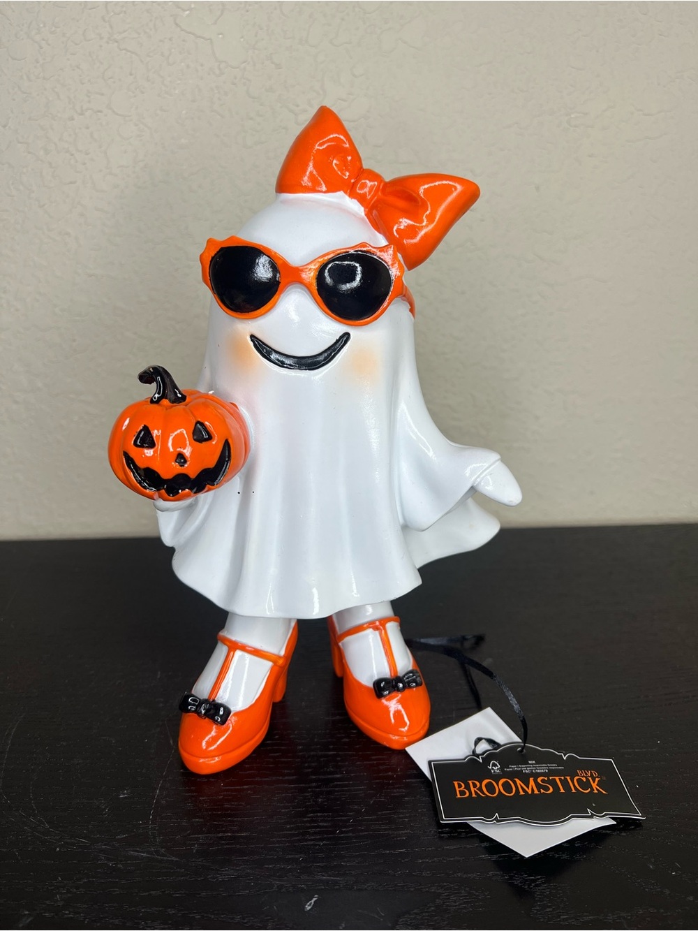 NEW Broomstick Halloween Ghost Girl with Orange Bow & Sunglasses